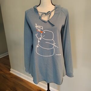 Marushka Snowman Bird Light Blue Cozy Hoodie Hand Printed USA Whimsy M